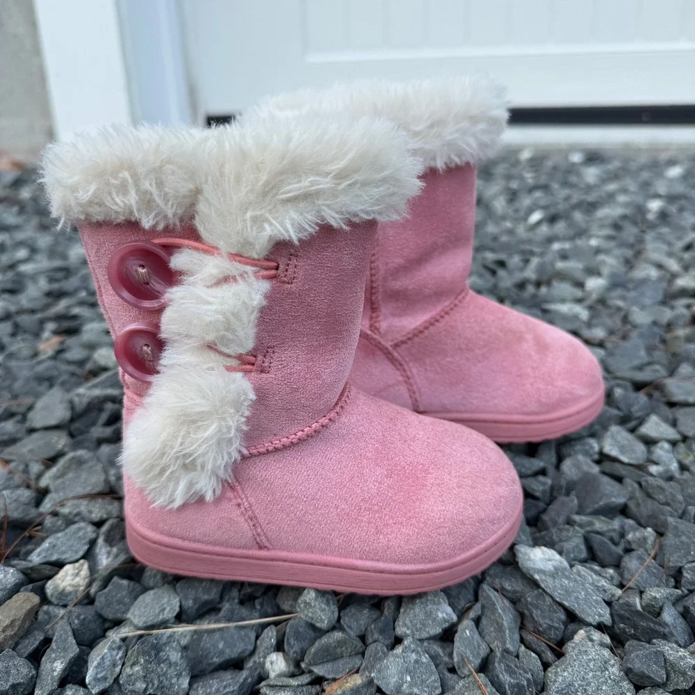 Pink Faux Suede Winter Boots with Faux Fur Trim and Button Detail Size 6